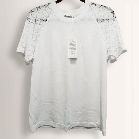 NWT Women’s Lace Sleeve Sweater Dressy Lightweight Crewneck Blouse White Size L - Picture 1 of 5